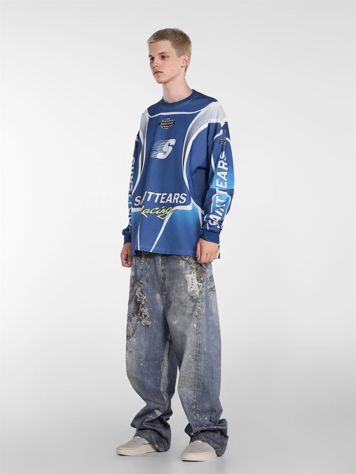 Saint michael tears all-over printed long-sleeved vintage autumn and winter T-shirt Style number: 122 Size: M L XL Wholesale price: 136 Color: blue green